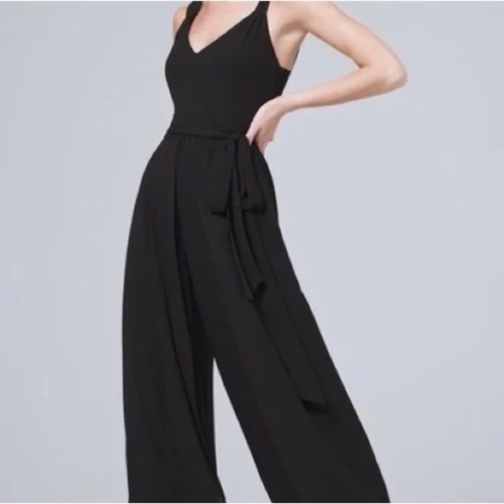 White House Black Market Black Halter Jumpsuit Crop Wide Leg w/ Belted Waist M